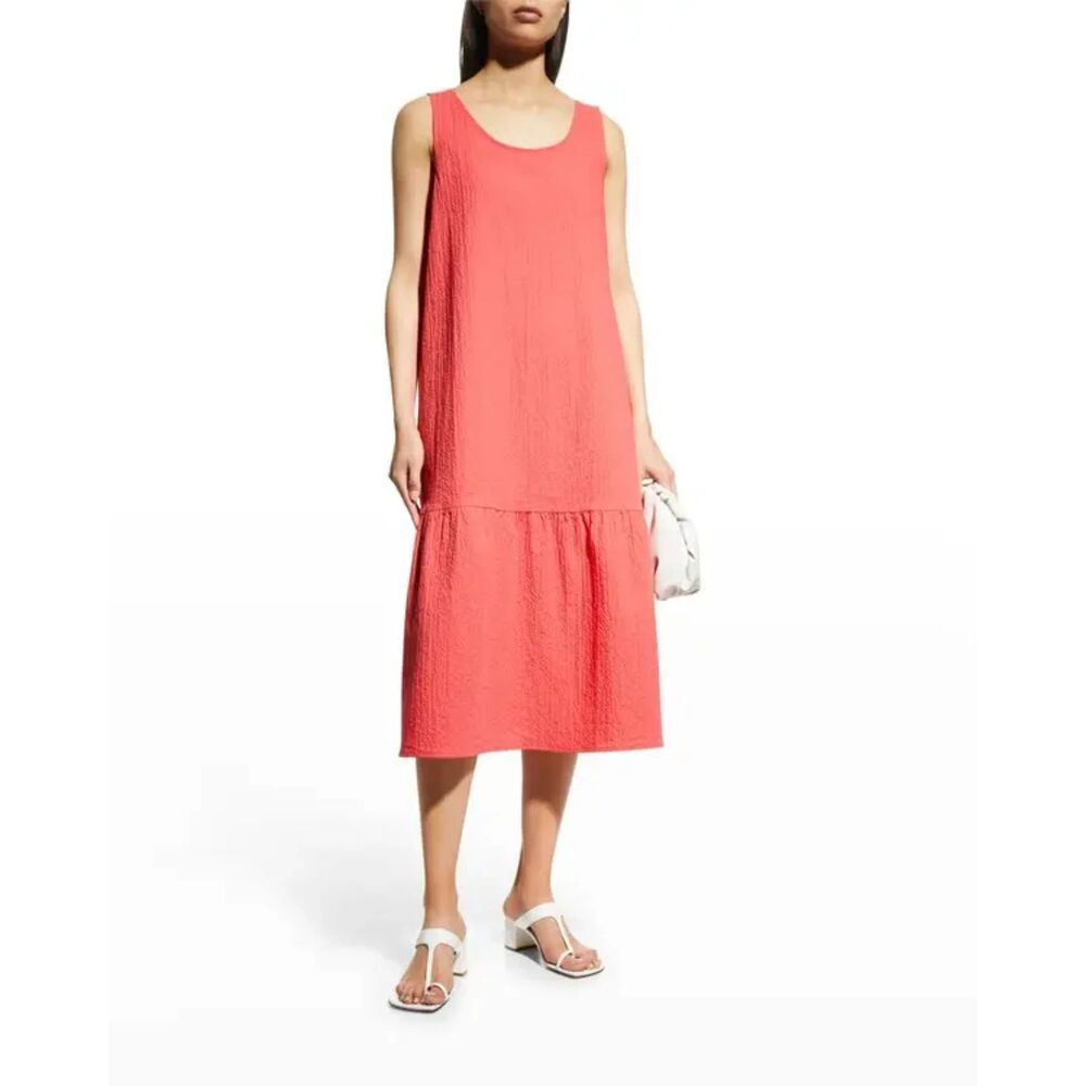 Eileen Fisher Pucker Tiered Midi Dress Women's XL Watermelon Pink Organic Cotton